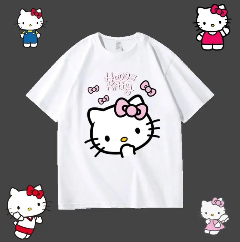 

Новинка Kawaii Hello Kitty аниме детский женский топ с коротким рукавом Футболка из чистого хлопка летняя для девочек дышащая пляжная одежда оптом
