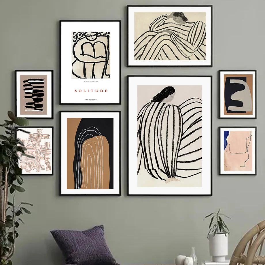 АБСТРАКТНЫЕ ПОЛОСЫ линии Кривая девушка геометрический узор настенное искусство скандинавские плакаты и принты картины холст покраска гостиная Декор