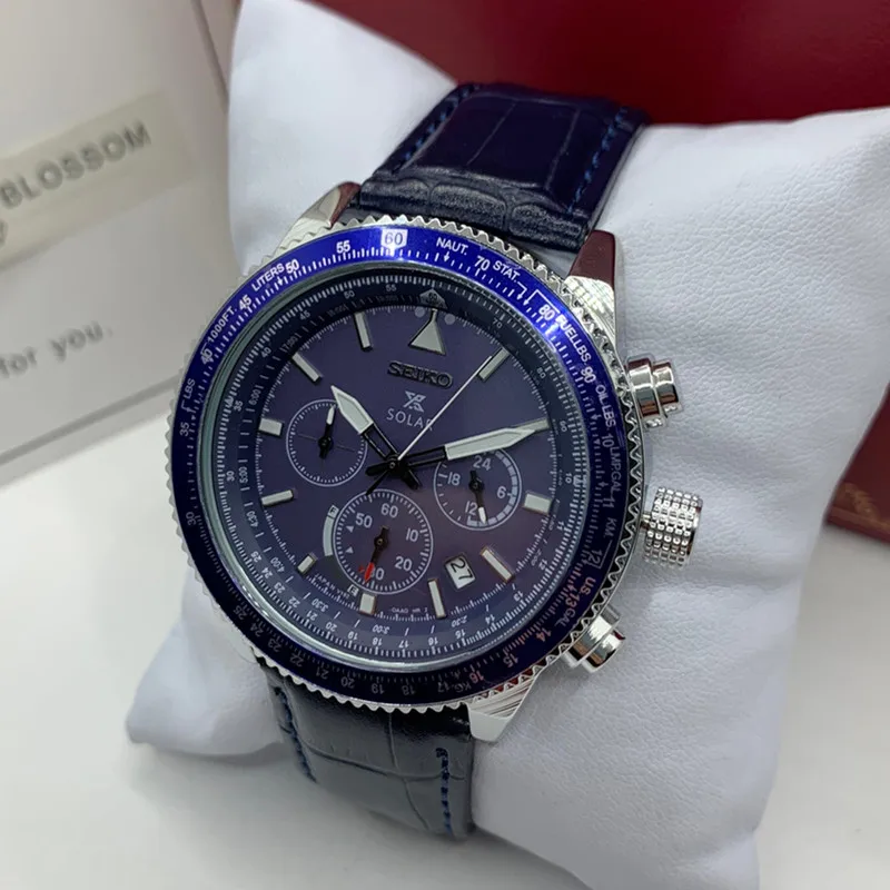 

Мужские часы-авиаторы Seiko smc609p1 с солнечной батареей и синим циферблатом, с кожаным ремешком и чехлом из нержавеющей стали