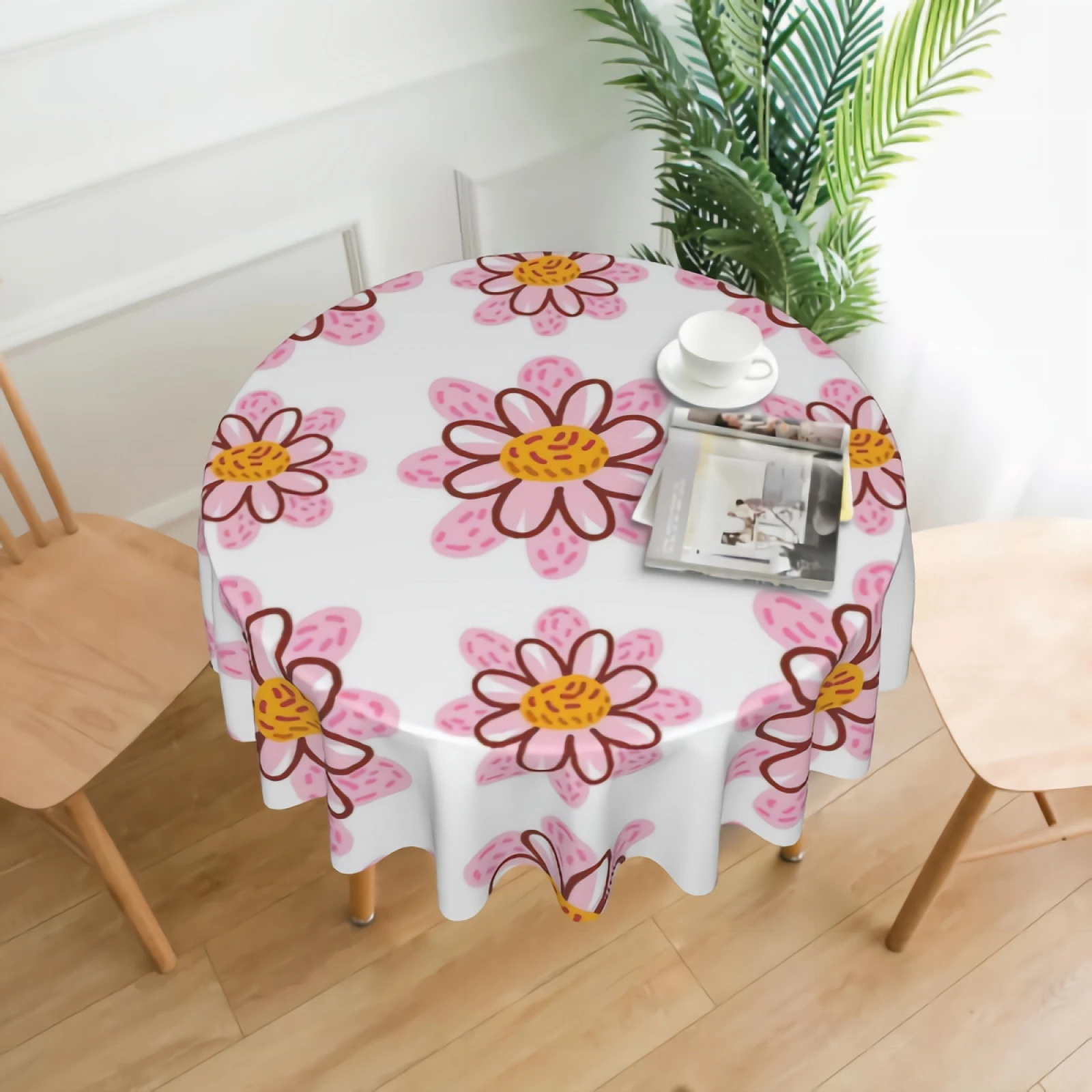 

Pink Daisy Round Tablecloth Waterproof Wrinkle Free Stain Resistant Tablecover for Parties Holiday Dinner 60 Inch