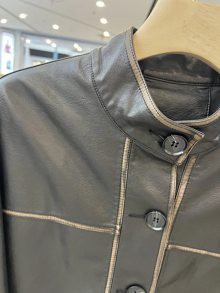 Young Middle-aged Women Dress Stand Collar Washed Leather Coat Outerwear Short Autumn New Western Sle Jacket Middle-A...