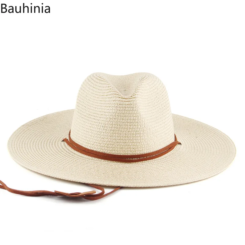 

Bauhinia New 10CM Wide Brim Women Straw Hat With Wind Lanyard Summer Men Panama Beach Jazz Hat Outdoor Sun Protection Hats