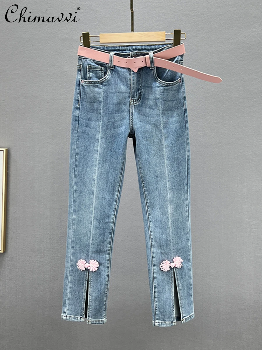 

Women's Split Jeans 2022 Summer Clothes New Fashion Stretch High Waist Slim Plate Buckle Decoration Cropped Pants Denim Pants