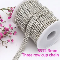 10yards three row crystal cup chains sew flatback clear white rhinestones silver claw use for clothes bag diy accessory 3mm