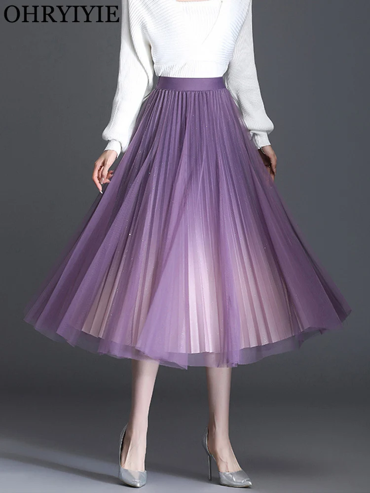 

Осенне-зимняя длинная тюлевая юбка для женщин, эластичная плиссированная юбка с высокой талией, женская фиолетовая длинная юбка-пачка, праздничная одежда
