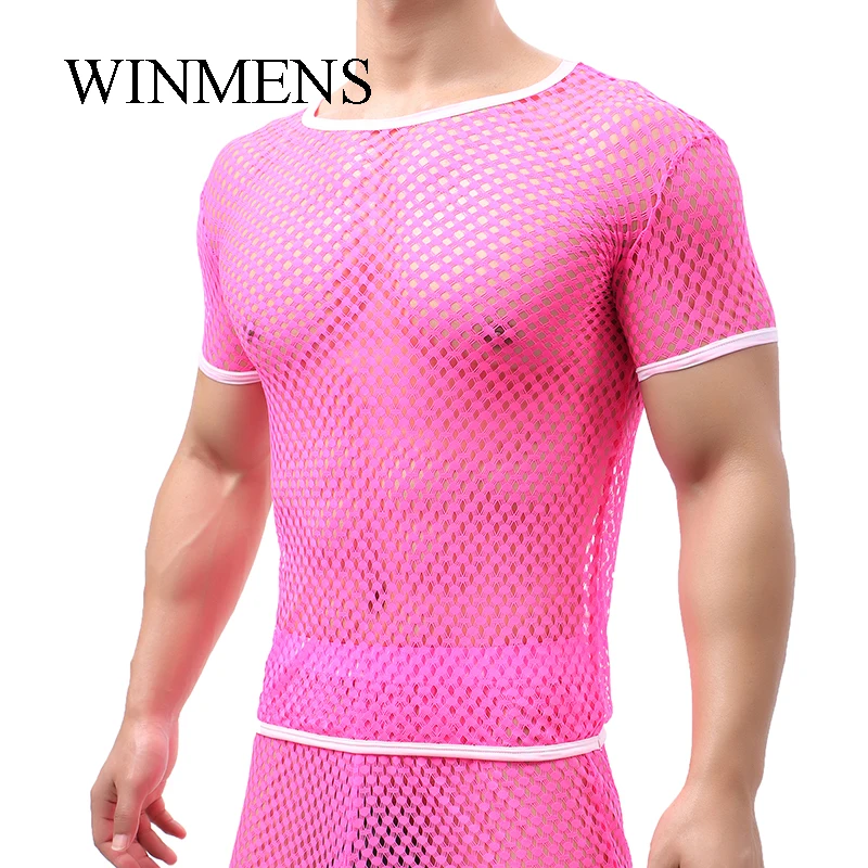 Men's Fishnet See Through Undershirts Summer Funny Cut-outs Mesh Short Sleeve Shirts Ultra Elastie Sheer Gay Bodysuit Breathable