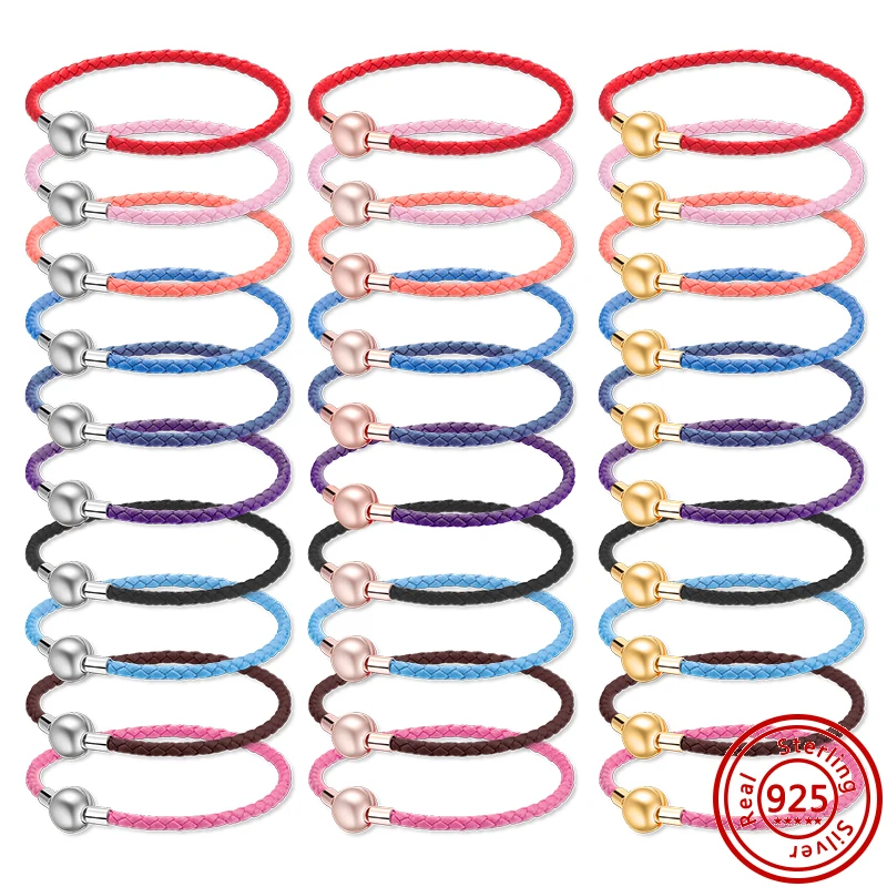 

Panpan Fashion Woven Leather Bracelets Office Sporty Red Pink Blue Multicolor Bracelet 925 Silver Button DIY Women Jewelry Gifts