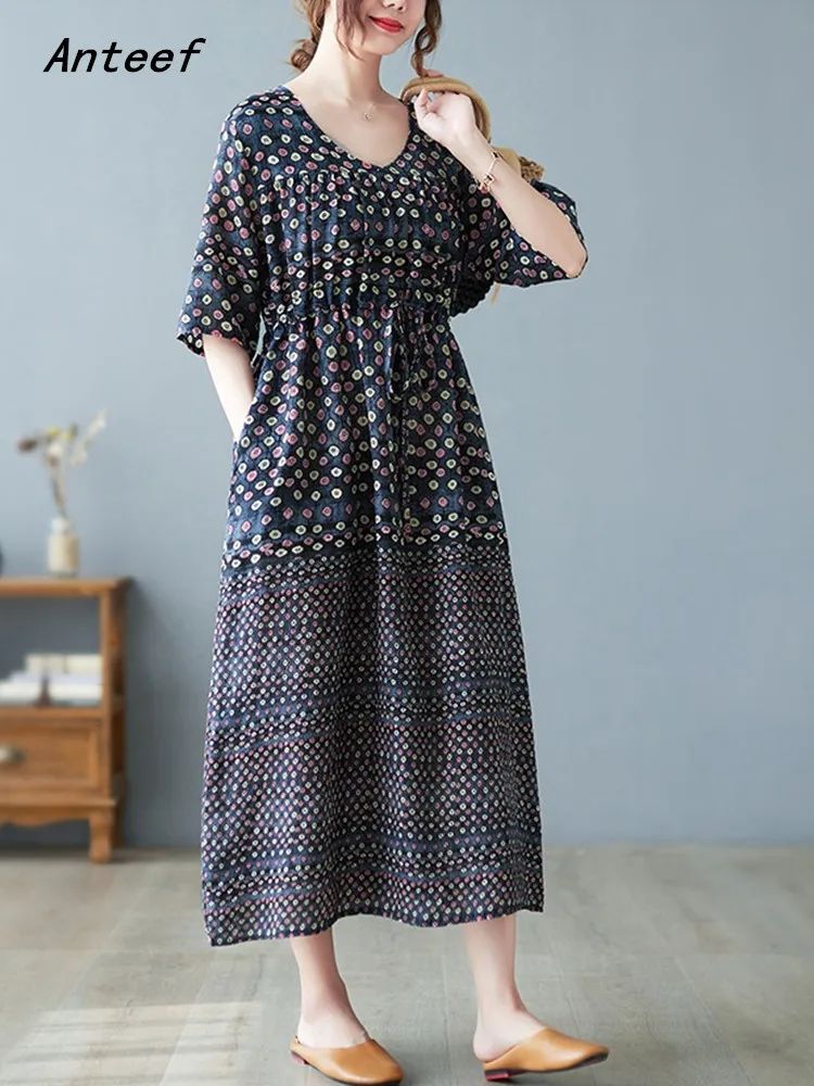 

Anteef short sleeve cotton linen vintage Polka Dot dresses for women casual loose long summer dress elegant clothing 2022