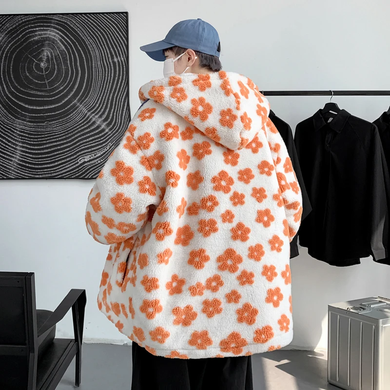 Winter Flower Lamb Hair Jacket Men Warm Fashion Thicken Plush Short Coat Mens Streetwear Loose Thick Cotton Clothes Male S-3XL