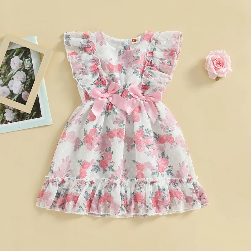 

Listenwind 4-7Y Kids Girl’s A-line Dress, Fly Sleeve Crew Neck Flower Print Bowknot Summer Dress for Casual Daily