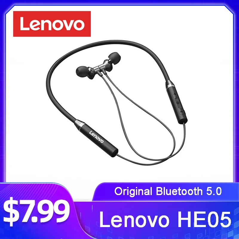 

Беспроводные наушники Lenovo HE05 с Bluetooth 5,0, магнитные наушники с шейным ободом, IPX5 водонепроницаемые спортивные наушники-вкладыши с микрофоном ...