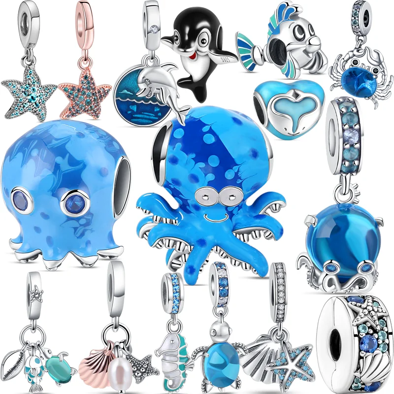 

New 925 Silver Blue Octopus Dolphin Crab Starfish Turtle Shell Ocean DIY Beads Fit Original Pandora Charm Bracelet Women Jewelry