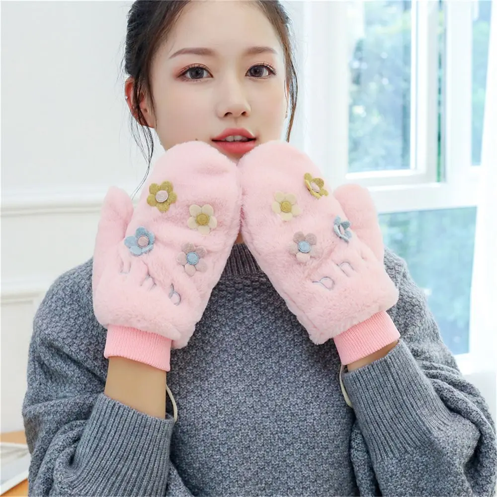 

Kawaii Warm Plush Full Fingers Windproof For Girls Hanging Gloves Women Winter Gloves Flower Korean Mittens