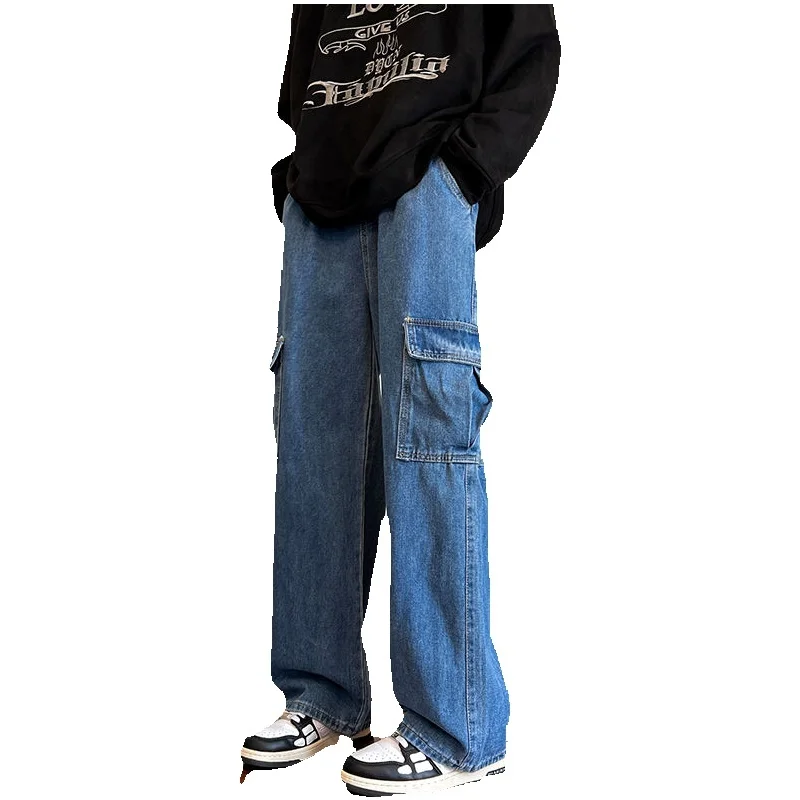 Grey Blue Baggy Cargo Jeans Men Fashion Casual Pocket Jeans Men Streetwear Hip Hop Loose Straight Denim Pants Mens Trousers