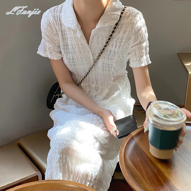 

2022 New Summer Short Sleeve Women Dresses French Retro Fold Texture Design Woman Dress Solid Color Elegant Robe Femme