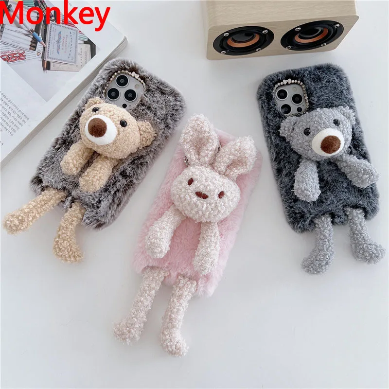 

3D Cute Rabbit Fluffy Plush Bear Phone Case For Xiaomi 12 11 10 9 Note10 Lite 11I 10T Pro X3 GT Redmi 5 Plus K50 Shockproof Case