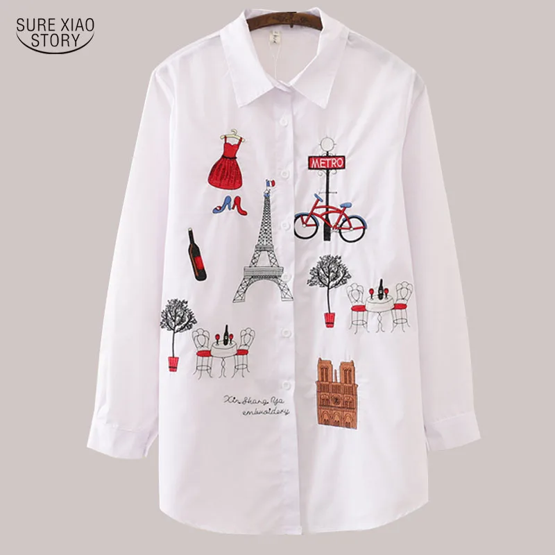 Blusa feminina branca 2023 manga comprida algodão bordado casual – design turn down