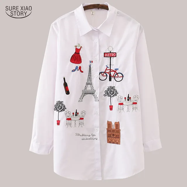 Blusa feminina branca 2023 manga comprida algodão bordado casual - design turn down 1