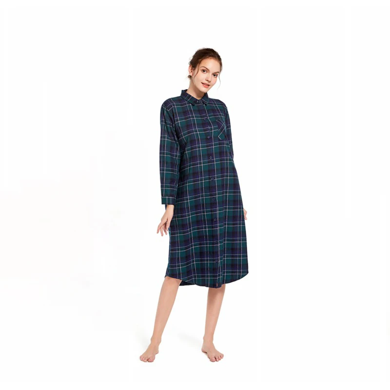 Ladies Cotton Nightgown Women Nightdress Long-sleeved Plaid Print Female Sleepwear Nightshirt Button UP Nightie