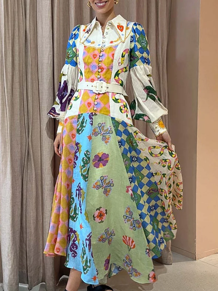 

Spring Summer Women Fashion Print Holiday Party Dress Long Sleeve Turn-Down Collar Single-Breasted Ladies Maxi Dress Streetwear