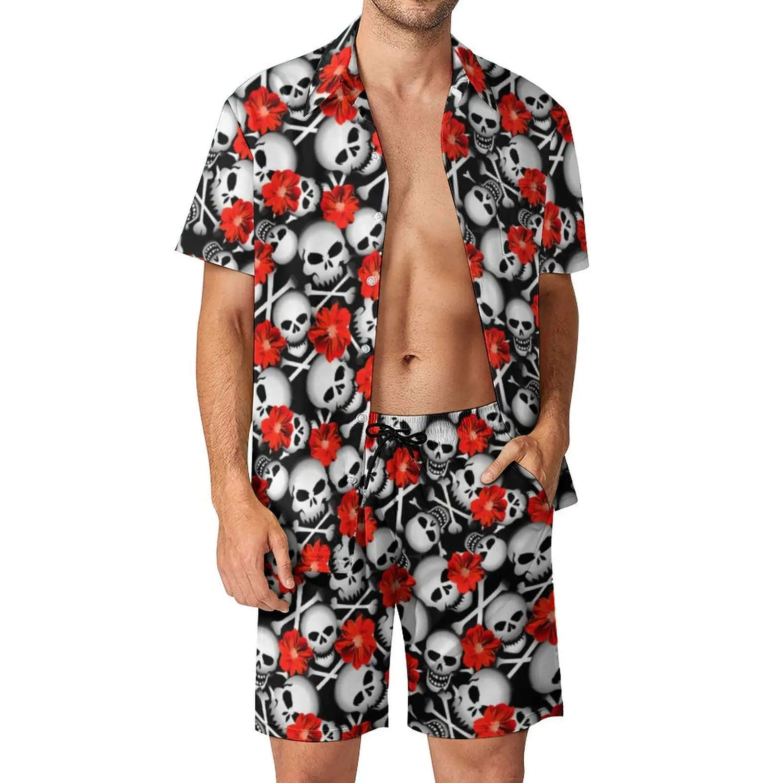 

Sugar Skull Print Men Sets Red Flowers Casual Shorts Beach Shirt Set Summer Hawaiian Design Suit Short-Sleeve Oversized Clothing