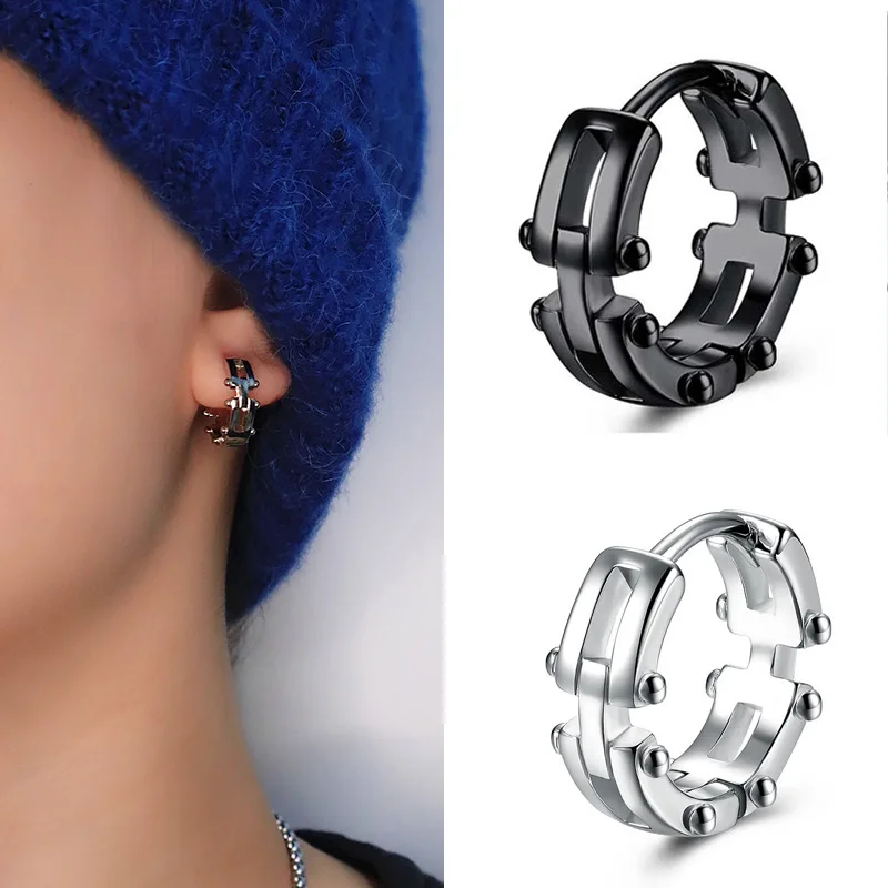 

Street Dance Designer Personality Hip Hop Machine Men's Hoop Earrings Black Stainless Steel Piercing Ear Jewelry Free Shipping