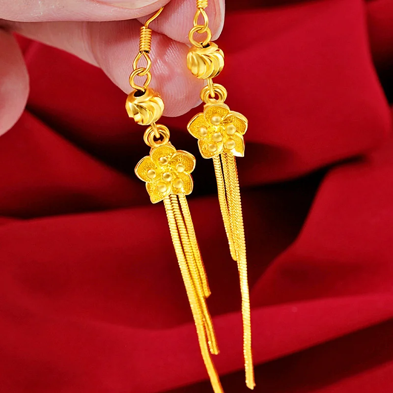

Real 18k Yellow Gold Tassels Flower Drop Earring for Women Romantic Wedding Jewelry Luxury Gift