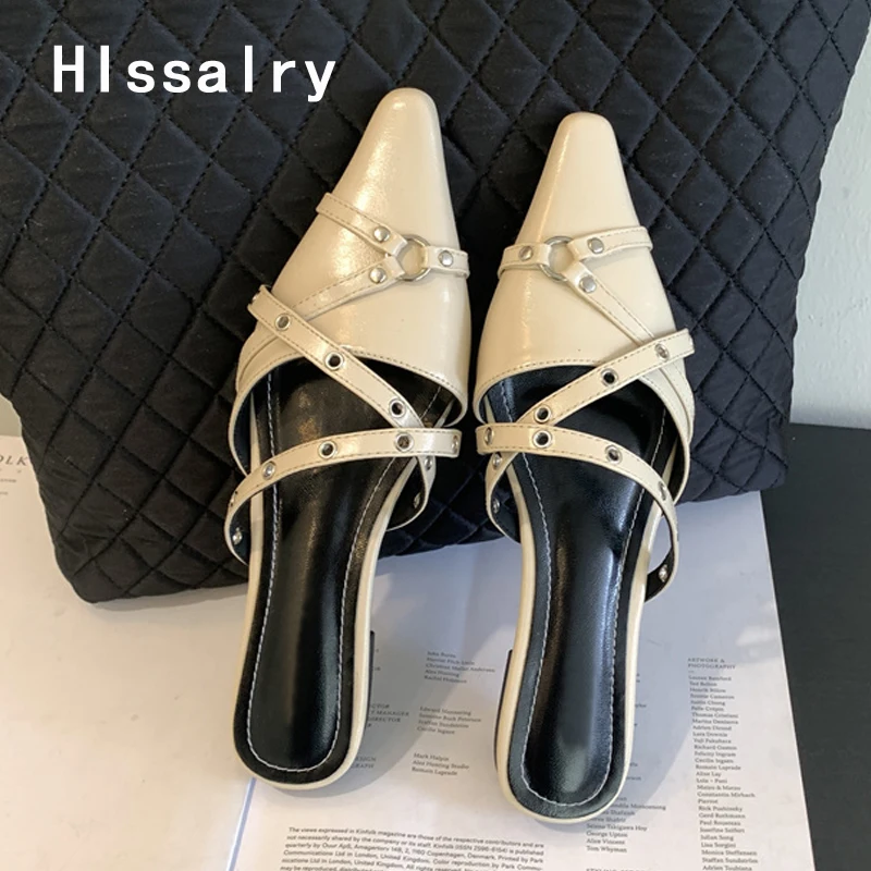 

Hlssalry Fashion Metal Rivet Designer Slides Women Mules Slippers Casual Cozy Leather Pointed Toe Flat Heels Shoes Beach Sandals