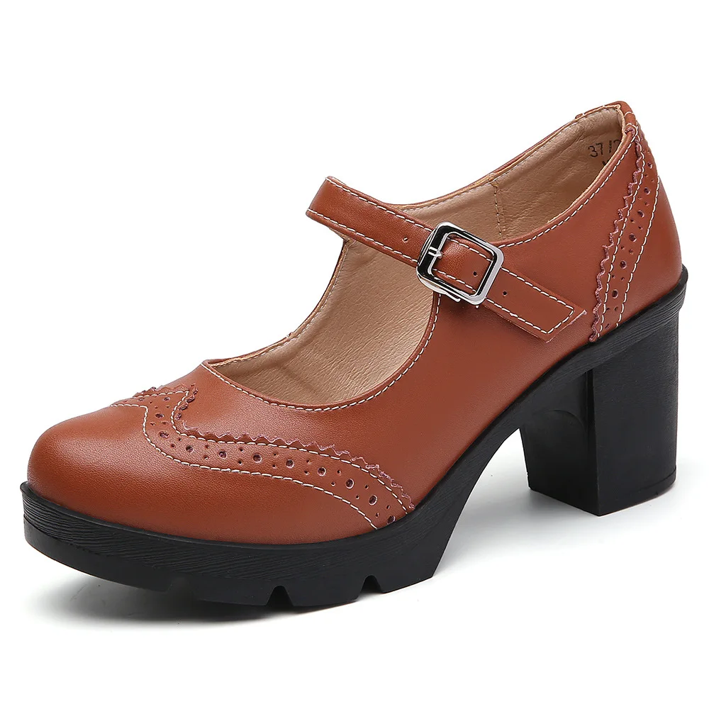 

Big Size 43 Women Pumps Elegant Retro Genuine Leather Platform High Heels Round Toe Party Wedding Shoes Bridal Mary Janes Brown