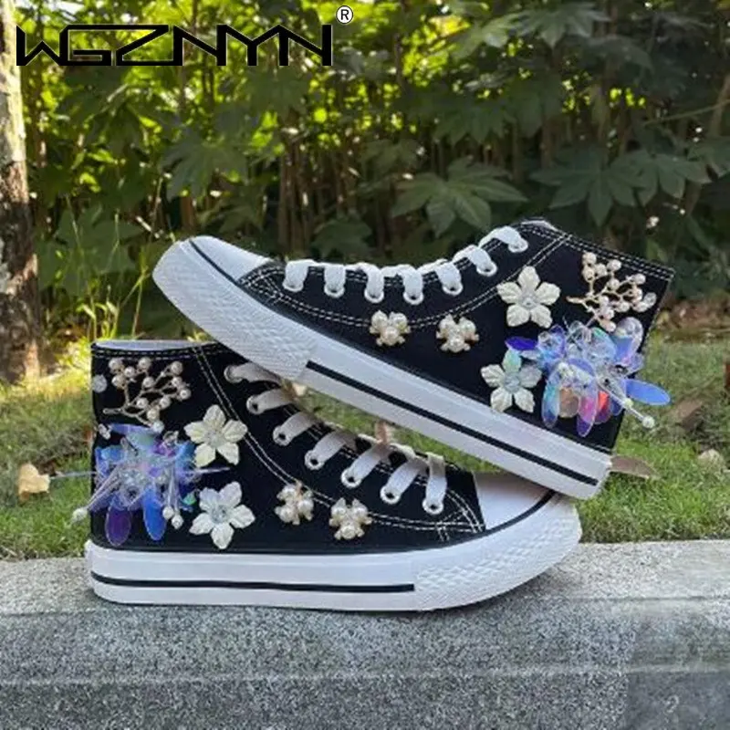 

2023 Women Canvas Sneakers High Top Spring Woman Vulcanized Shoes Flat Ladies Hand-made Flowers Casual Sneakers Tennis Female