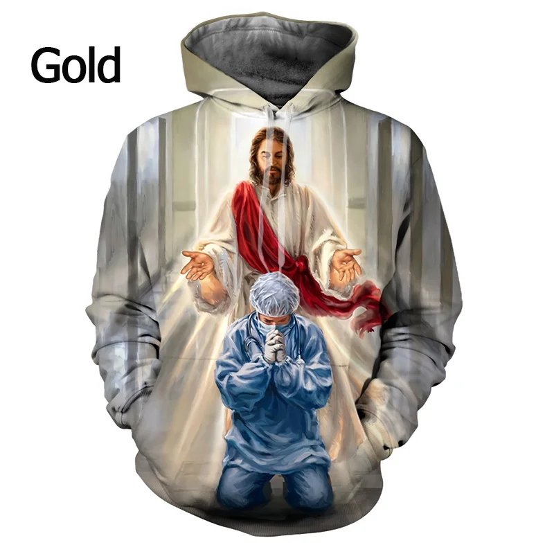 Men's Women's Christian Casual Long Sleeve Jesus Hoodie Cross 3D Printing Hooded Sweatshirt Pullover Tops