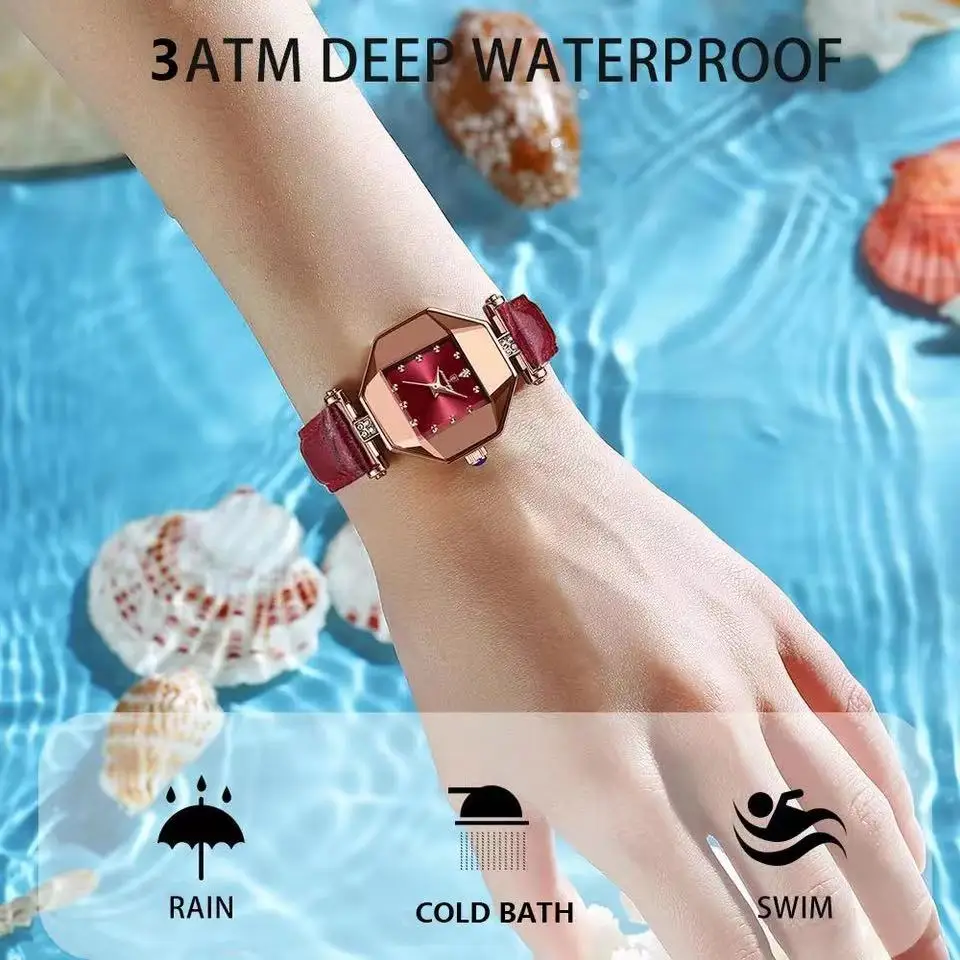 2023 Luxury Quartz Watch Girl's Elegant Fashion Red Dial Waterproof Ladies Leather Watches Women High Quality Zegarek Damski Hot