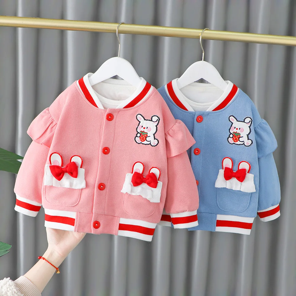0-4 Years Toddler Girls Outfit Cute Strawberry Bunny V-neck Button Coat & Jacket for Infant Girl Peacoats 2022 Spring New