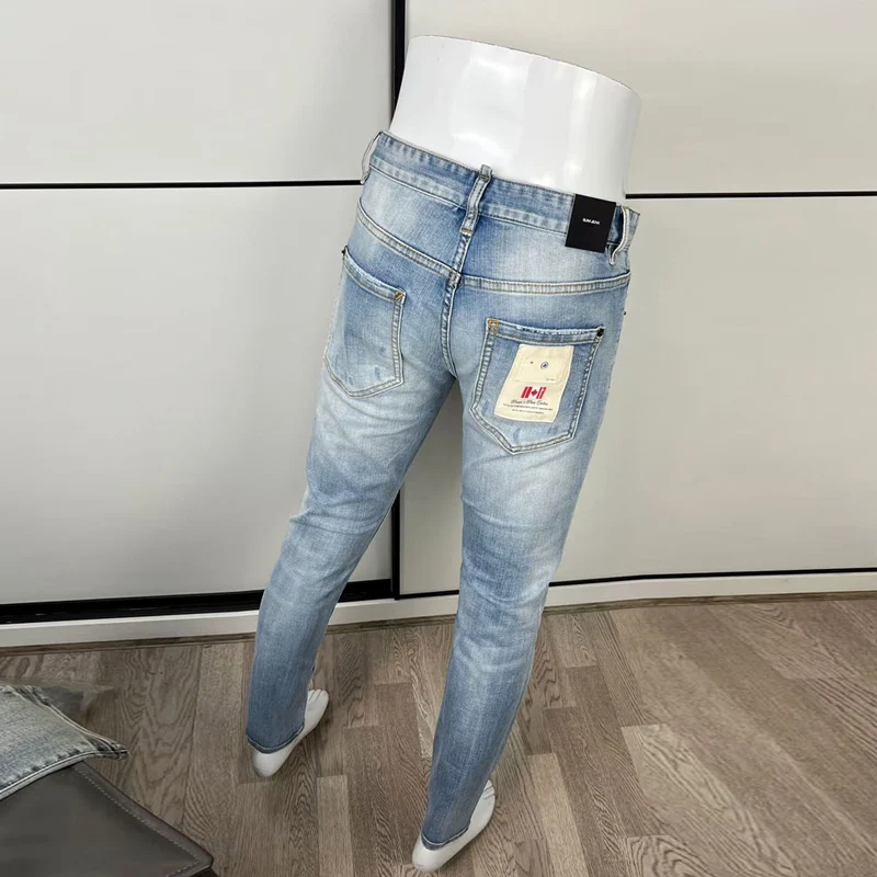 Street Fashion Men Jeans High Quality Retro Light Blue Elastic Slim Ripped Jeans Men Vintage Designer Denim Brand Pants Hombre