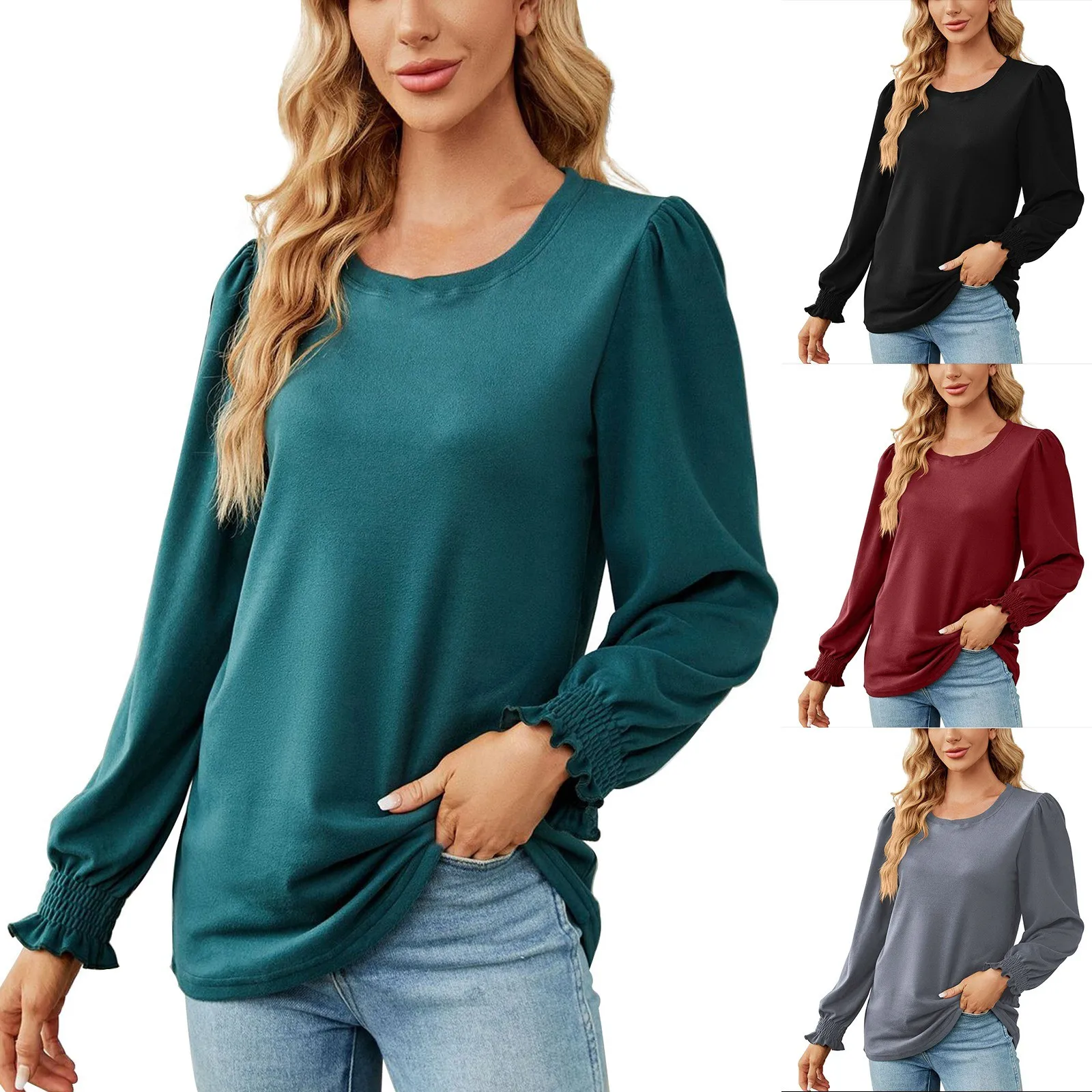 

Ladies Crewneck Smocked Cuff T-Shirt Elegant Bishop Long Sleeves Blouse Graphic Blouse for Women Dressy Casual Tops Blusa Camisa