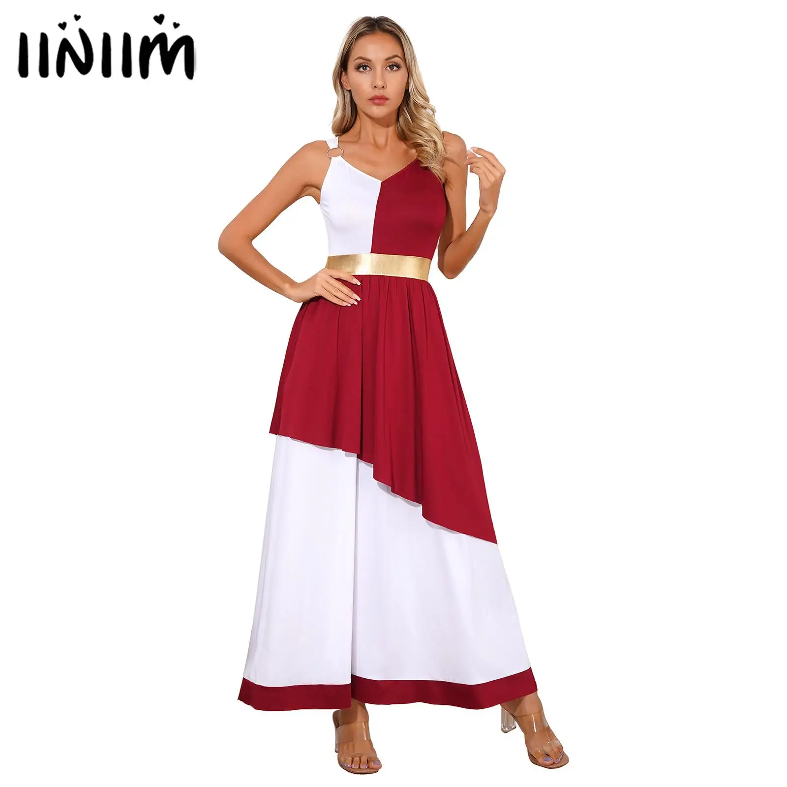 

Womens Roman Empress Athena Cosplay Costumes Ancient Greek Dress Up Outfit Toga O-Ring Patchwork Tiered Maxi Dress Vintage