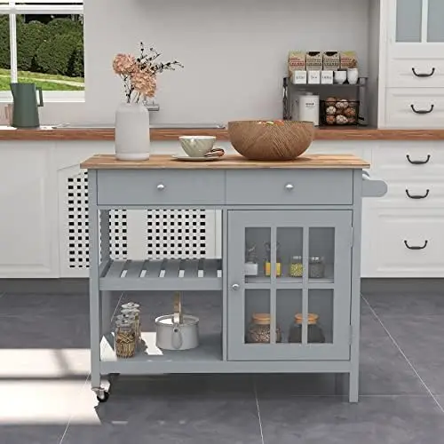 

Kitchen Island, Portable Kitchen Cart Wood Top Kitchen Trolley with Drawers and Glass Door Cabinet, Wine Shelf, Towel , Gray