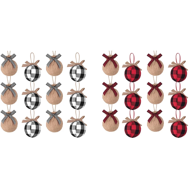 

New Christmas Tree Ornaments, 12 Pcs 2-1/2 Inches Buffalo Check Plaid Stitching Burlap Christmas Decorations