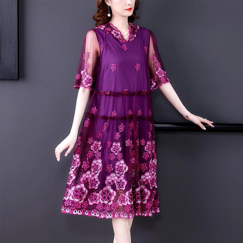 

Летнее фиолетовое Сетчатое платье с вышивкой, сексуальное миди-платье с вырезами, женское винтажное строгое Элегантное повседневное плать...