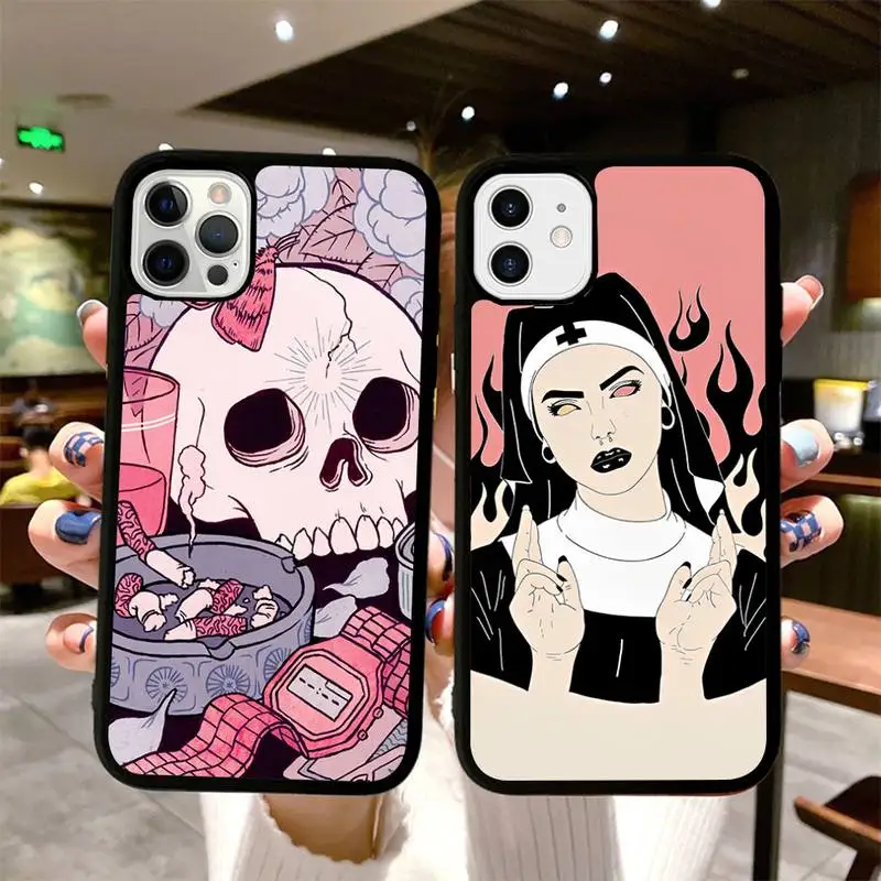 

Pink Cat Skull Sorceress Witch Phone Case Silicone PC+TPU Case for iPhone 11 12 13 Pro Max 8 7 6 Plus X SE XR Hard Fundas