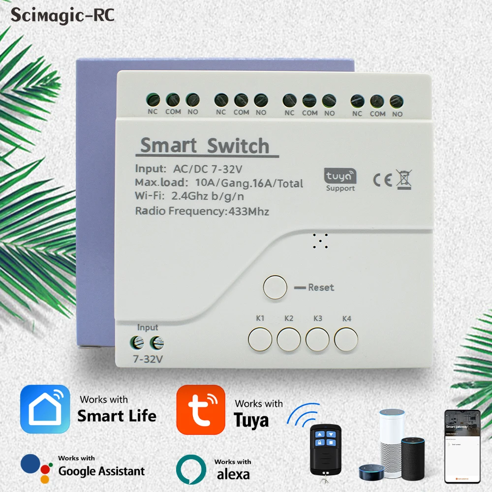 Фото Tuya Smart Remote Control Wi-Fi Switch Module 4CH DC 12V 24V 32V 110V 220V Inching Самоблокирующийся RF433 Прием 4-полосное реле Alexa №1
