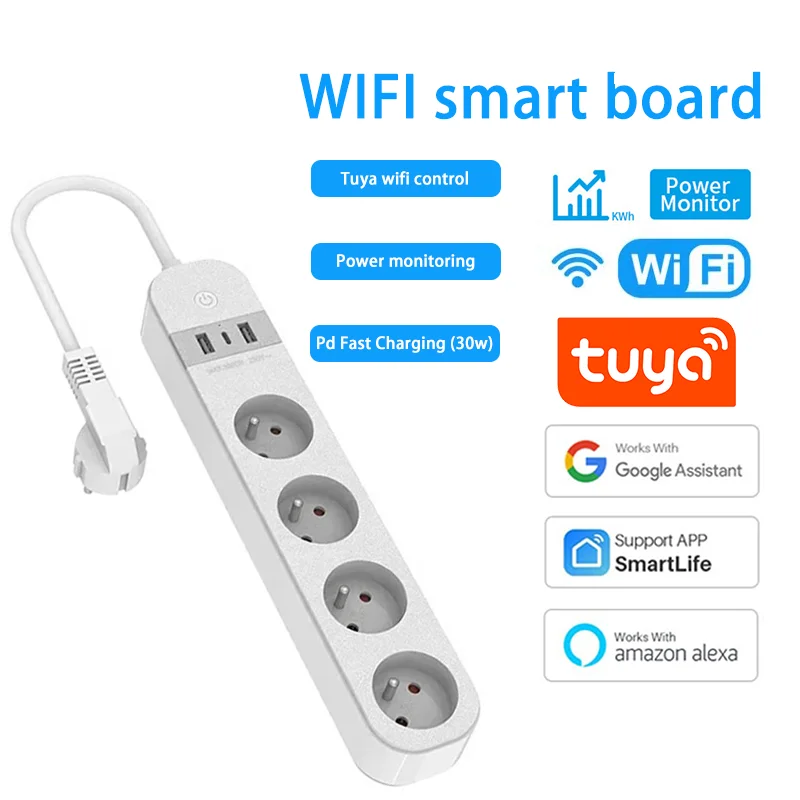 

Tuya WiFi Smart Europe Power Strip EU FR Surge Protector Extenstion Socket Multi Plug PD 30W Fast Charge USB TypeC Alexa Google