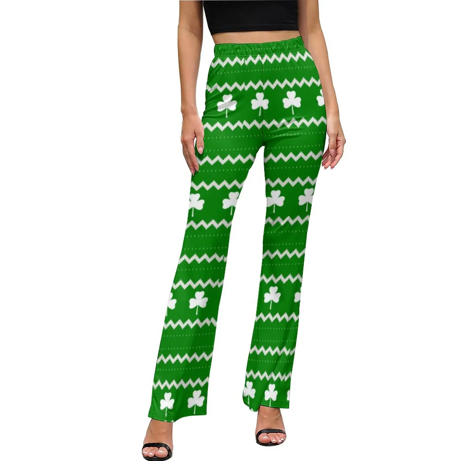 

Shamrock Print Pants Elastic High Waist Clover Fair Isle Aesthetic Flared Pants Daily Sexy Workout Printed Big Size Trousers
