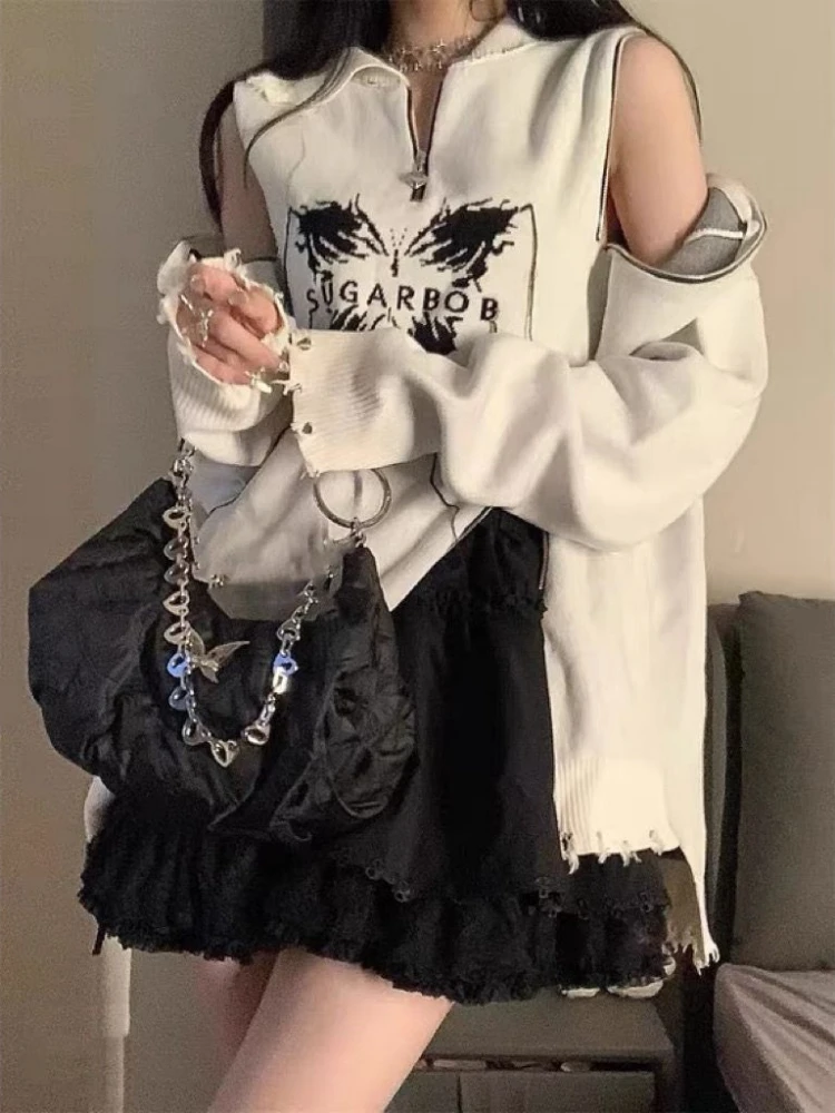 

Hikigawa Chic Fashion Women Streetwear Patchwork Zipper Design Knit Sweater Sweet Y2k Cool Butterfly Stitch Loose Cargidans Top