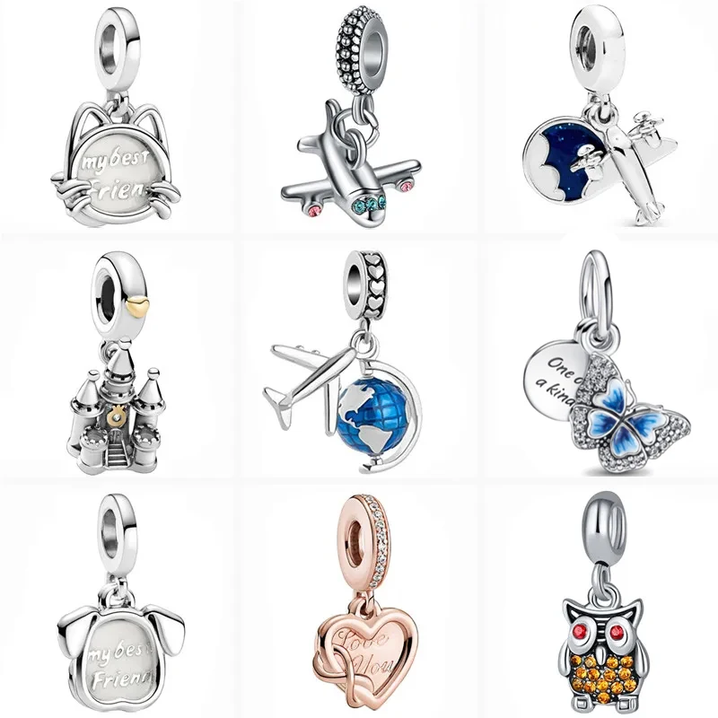 

New Pet Cat Dog Airplane Earth Castle Butterfly Love Pendant Fit Original Pandora Charms Silver Color Bracelet Beads DIY Jewelry