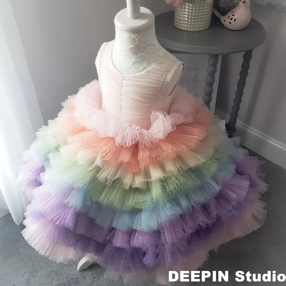 Girls Rainbow Contrast Puff Dress 2022 Summer New Children's Girl Rainbow Contrast Puff Princess Skirt Birthday Party Cake Dress
