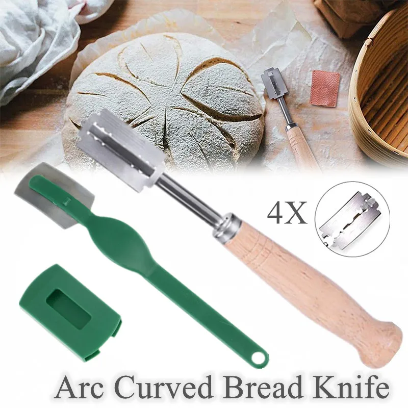 

Arc Curved Bread Knife And 4 Pcs Blades Practical Baking Cutter Tools Wooden Handle Stainless Steel Blade Baguette Slicing