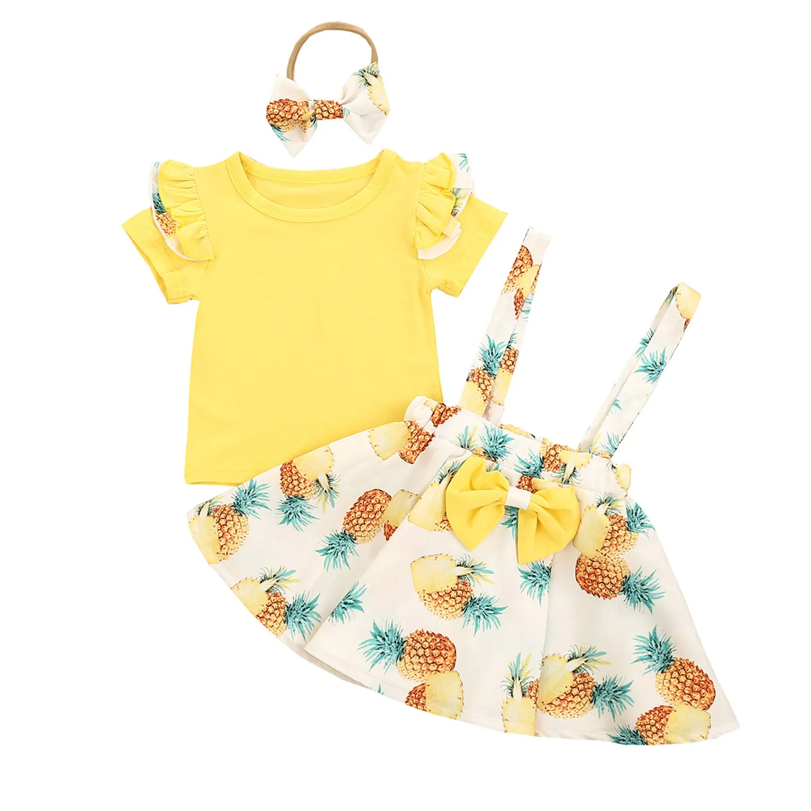 

Baby Girl Outfit Solid Color Short Sleeve Tops Fruit Skirts Hairband 3PCS Outfits Easter for Toddler Girls