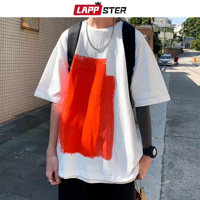 

LAPPSTER Men Oversized Patchwork Designer Harajuku T-Shirts 2022 Mens Japanese Fashoins Graphic Tshirts Casual White Tops Tees
