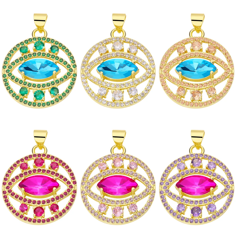 

Juya 18K Real Gold Plated Pendants Supplies Colorful Cubic Zirconia Greek Evil Eye Charms For DIY Luxury Bridal Jewelry Making